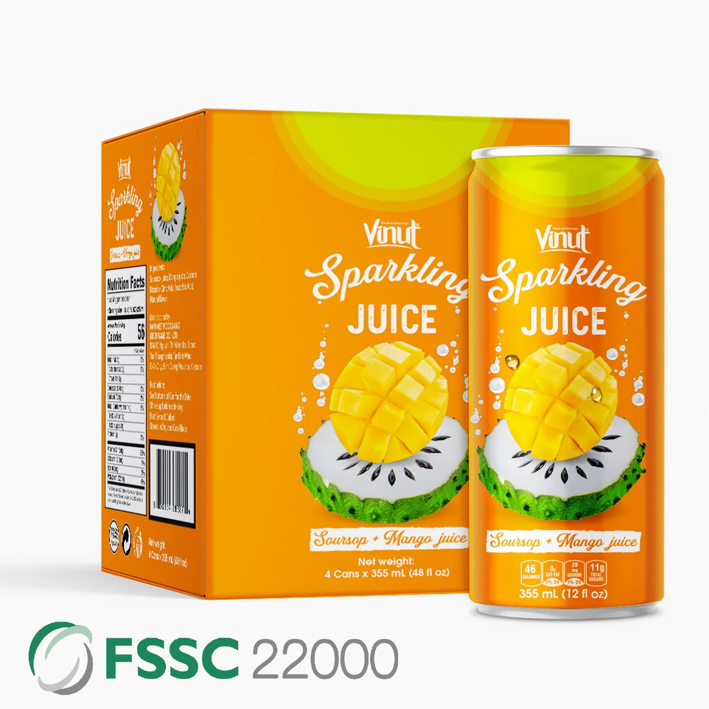 355ml Carbonated drinks VINUT Can (Tinned) Soursop & Mango Juice Directory free sample in Vietnam GMP Certified