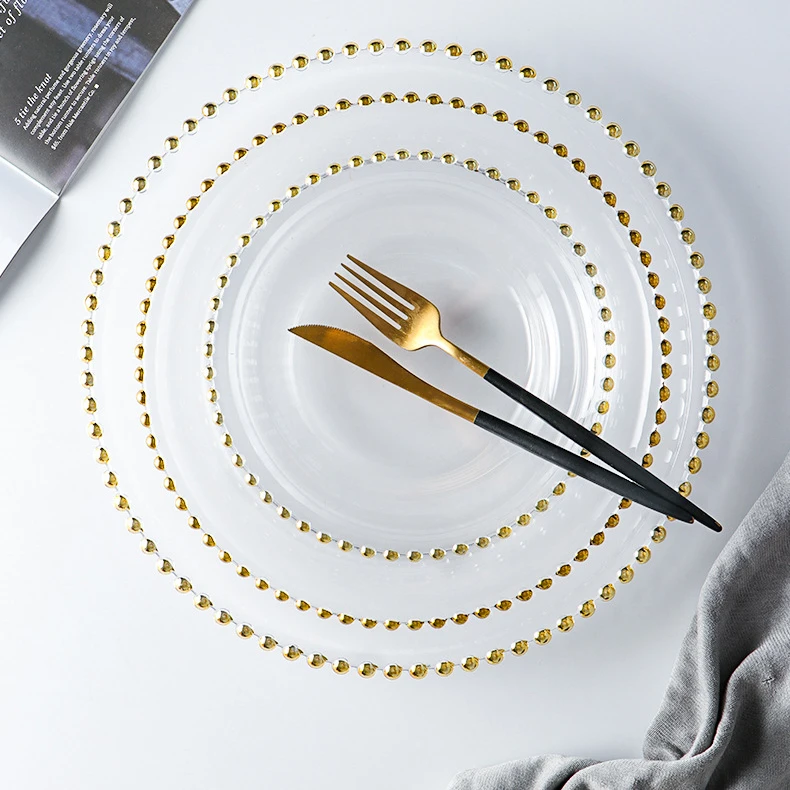  Gold beaded wedding decoration dinner plates restaurant dishes & dinnerware clear
