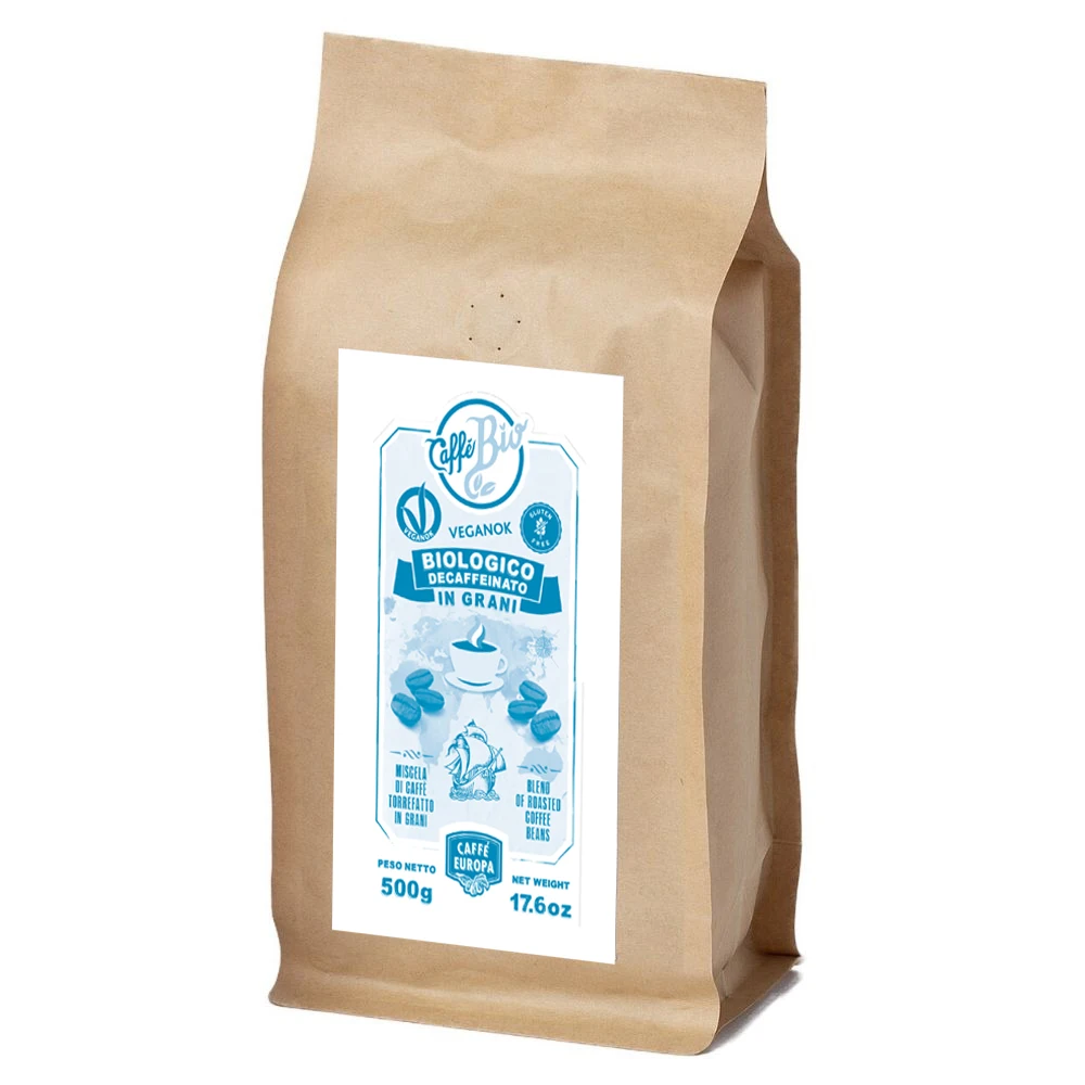 Organic, Vegan and Gluten Free Coffee Beans Caffe Europa 80% Arabica - 20% Robusta Decaffeinated Blend Delicate Taste 500g