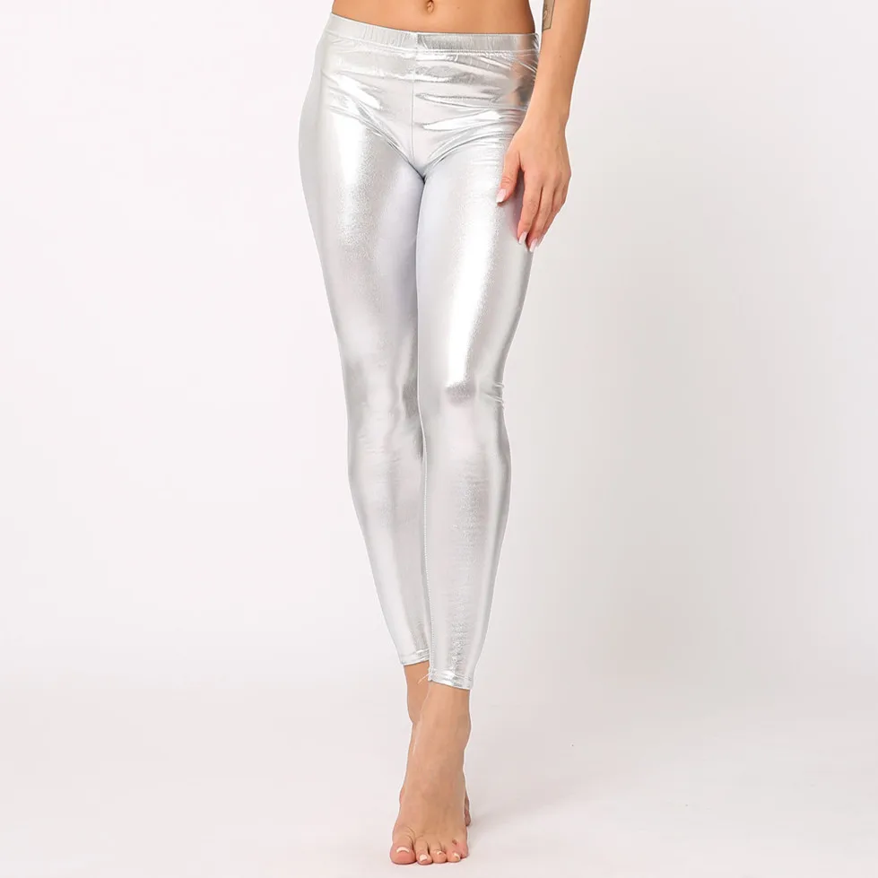 Custom Logo Ladies Cheap Casual Spandex Shiny PU Faux Leather Tights Women Leggings For Ladies