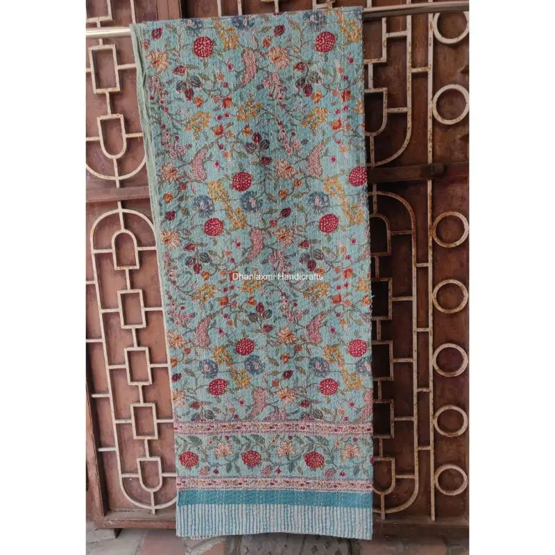 New Indian Sky Blue Floral Hand Block Print Cotton Kantha Quilt Indian Handmade Beautiful Floral Wholesale Kantha Bedspread