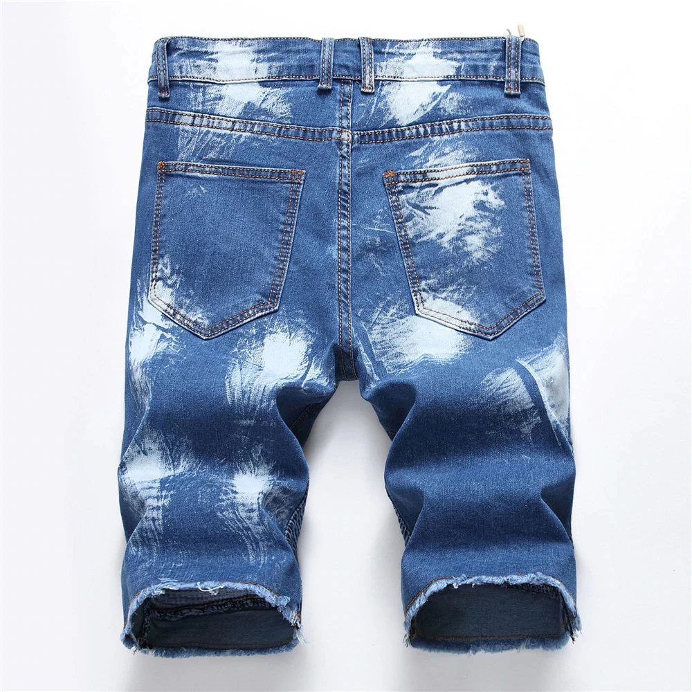 
High Street Style Men Distressed Zipper Casual Jeans Shorts Pants Summer Men Blue Denim Shorts Pleated Stretch Short Jeans 
