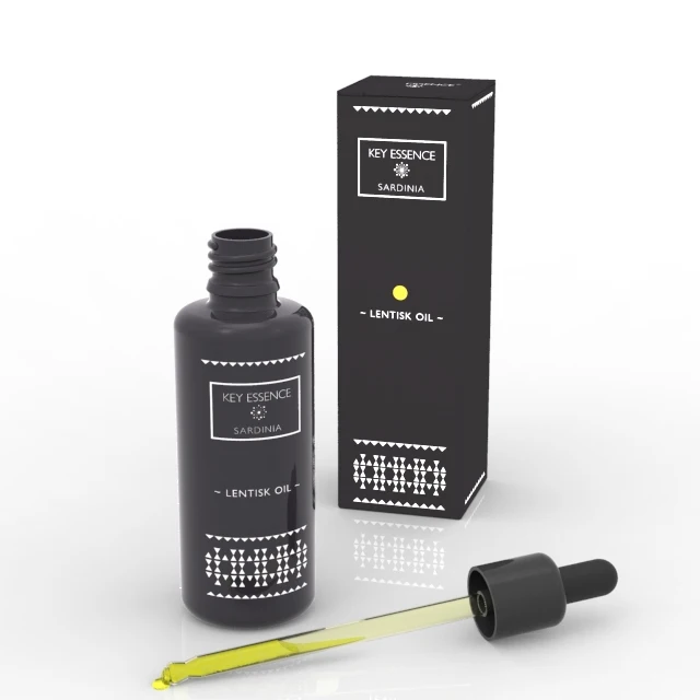 Finest Italian Cold-Extracted Lentisk Oil in a black glass bottle of 50 ML with dropper