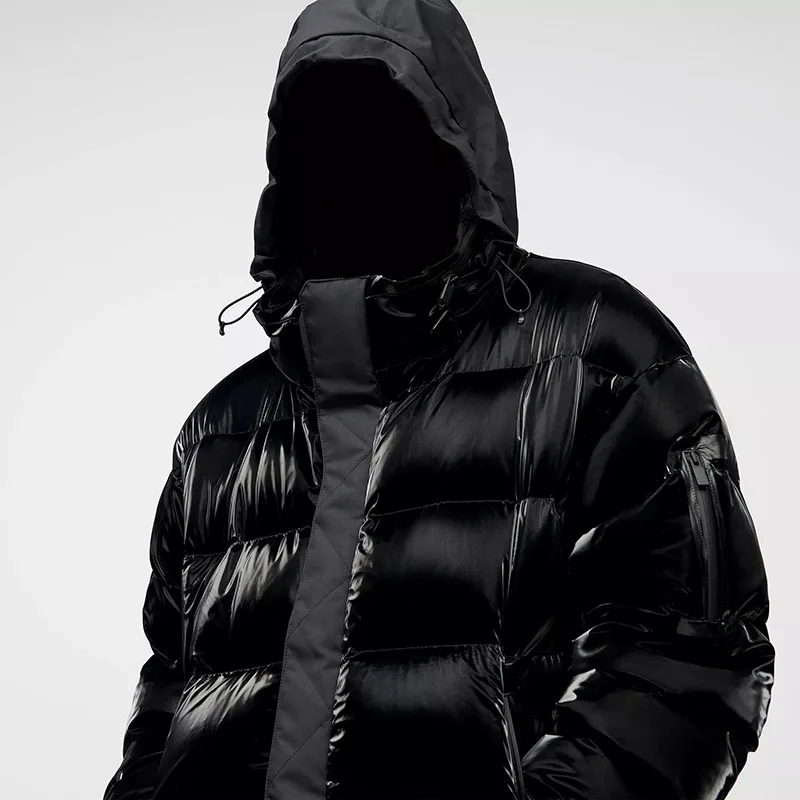 Winter mens outdoor black leather bubble down puffer jacket with hooded