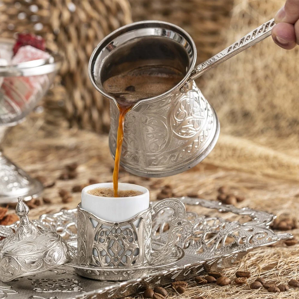 Handmade Turkish Coffee Pot Camping Coffee Pot for the Stove Top Greek Arabic Coffee Maker Cezve with Brass Handle