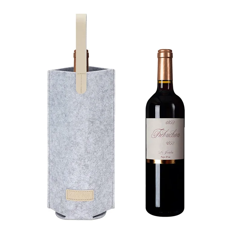 Wholesale Portable Felt Wine Tote Carrier with Leather Handle