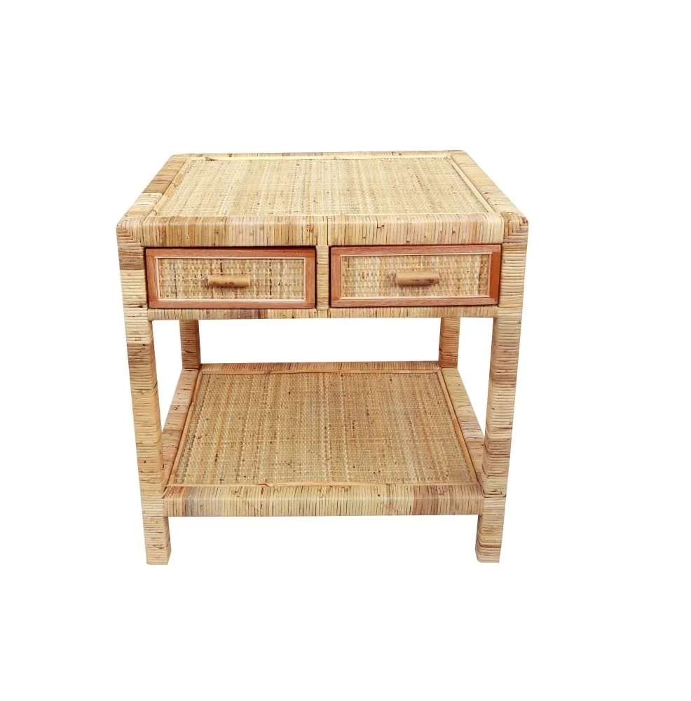 Mid Century Natural Antique Bedroom Furniture Hand Crafted Rectangular Rattan Wood Plywood HAYES Bed Side Table