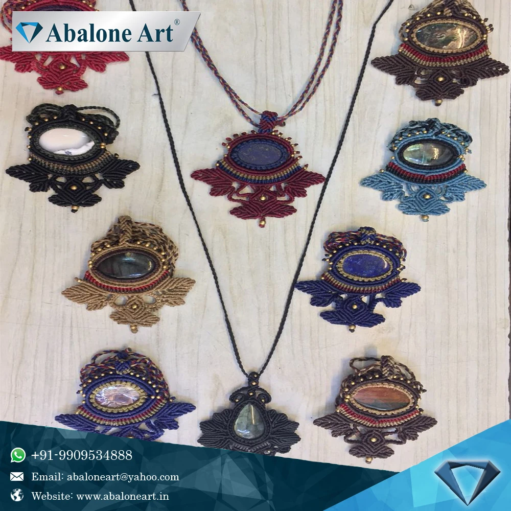  Оптовая продажа художественных поделок Abalone из Веревки Макраме ожерелье с подвеской драгоценных камней по низкой цене