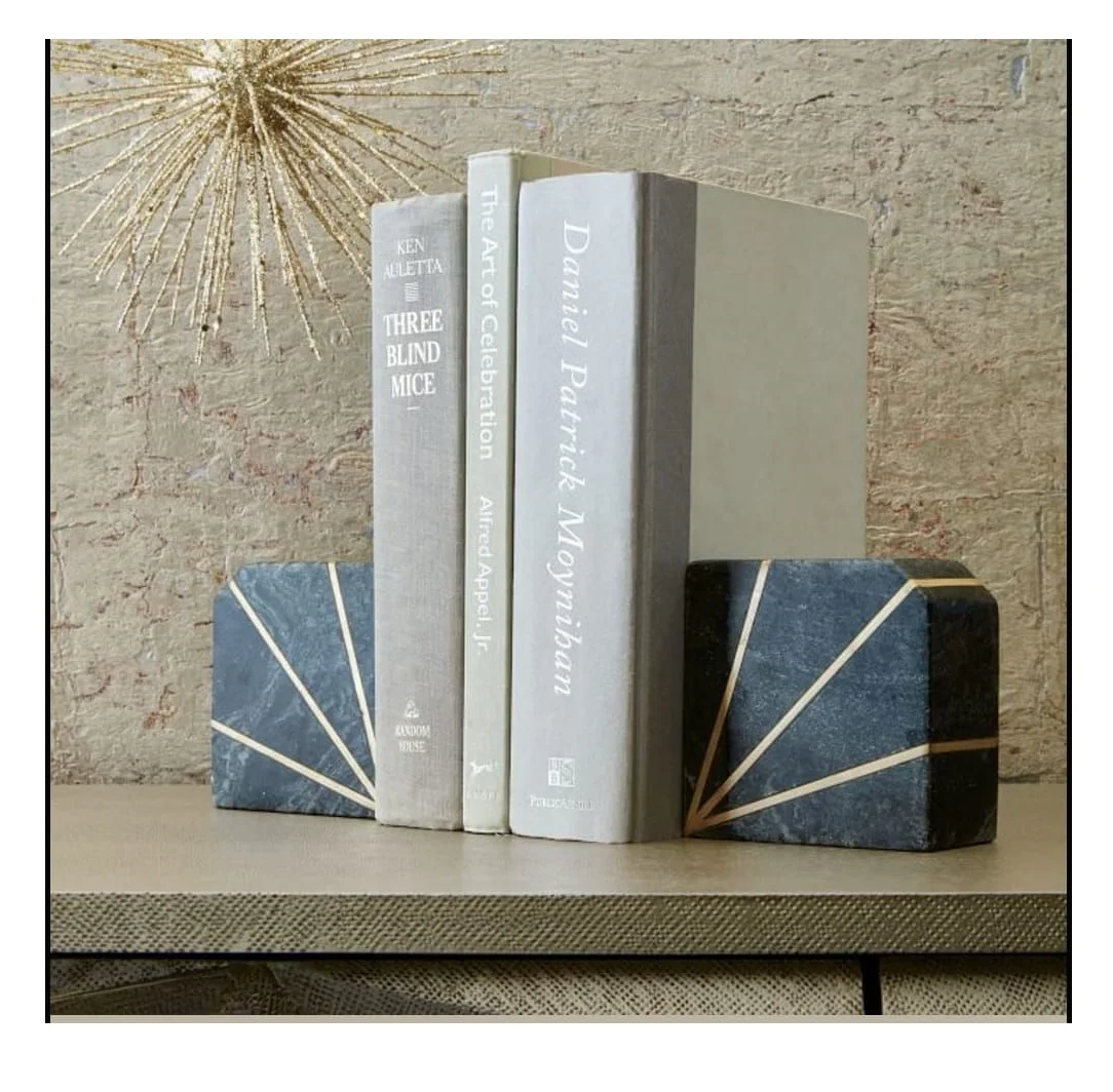 Custom marble stone column style bookend set for bookcase small home office use with marble brass inlay at wholesale price