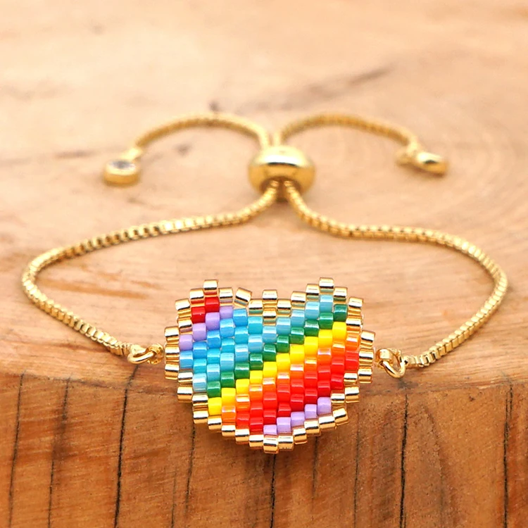 Japanese Miyuki Beads Pixel Rainbow Heart Charm Golden Chain Accessories Bracelet Bangles For Teen Girls