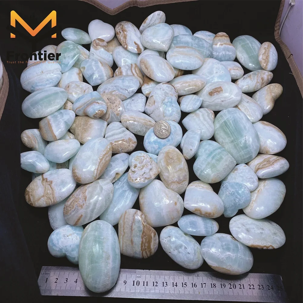 High Quality Natural Blue Calcite Handmade Palm Stones Showpieces Polished OEM Gemstone Healing Crystal Craft from Pakistan.