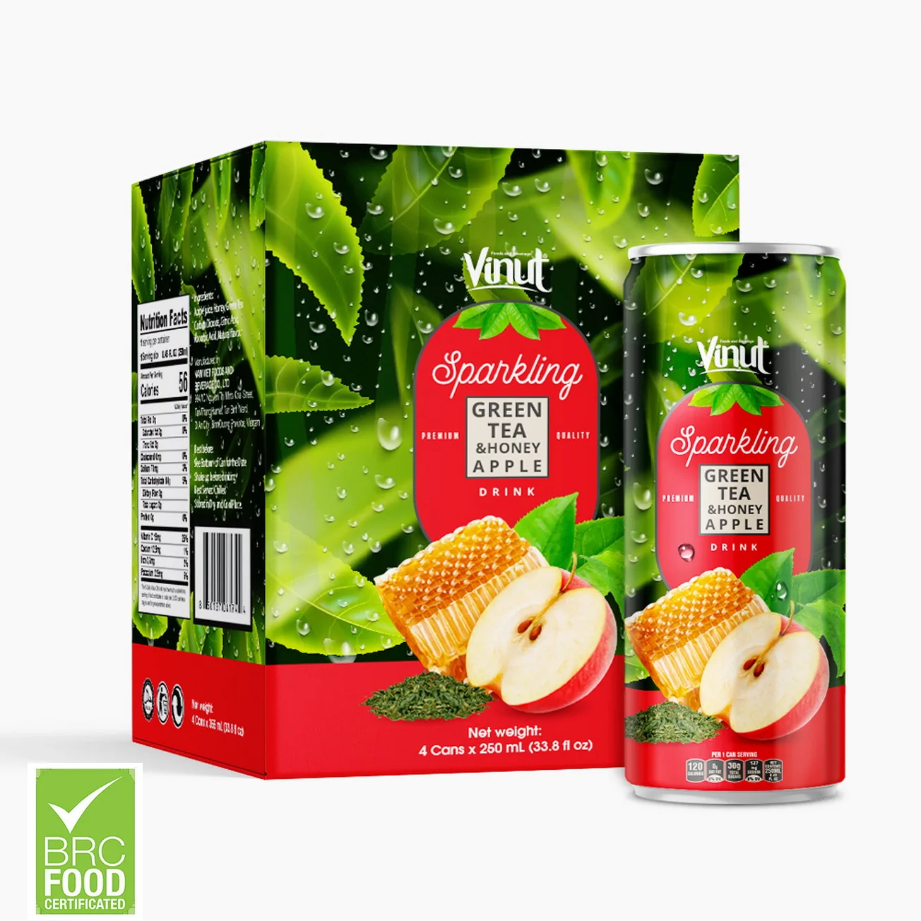 
8.5 fl oz Sparkling water VINUT 4 Cans Green tea & Honey Apple Supplier Most Preferred Free Sample Free Label 