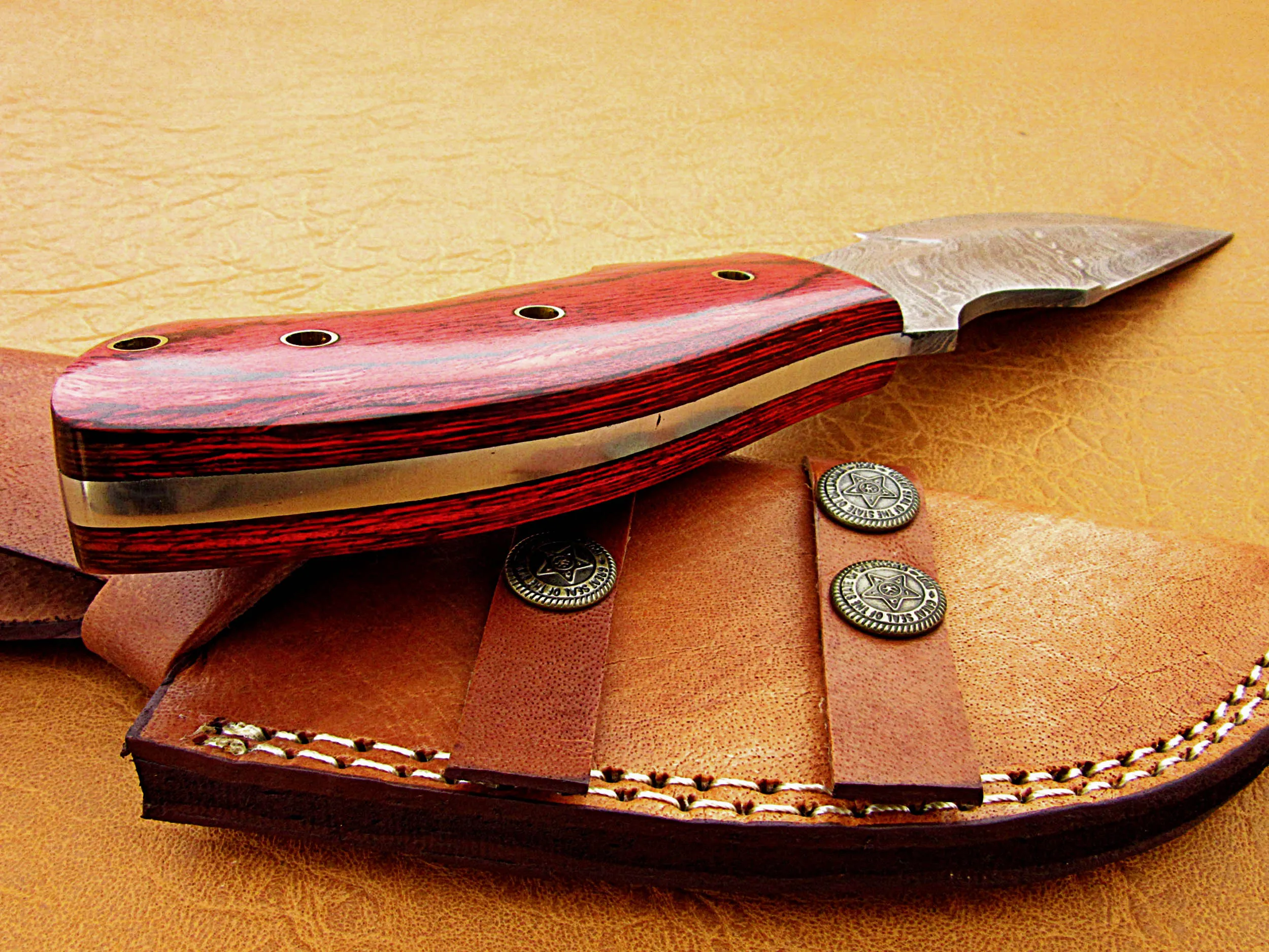 100% Top High Quality Damascus Steel Tracker knife/ Camping survival knife wood handle with pure Leather Sheath  SCW-TK-0017