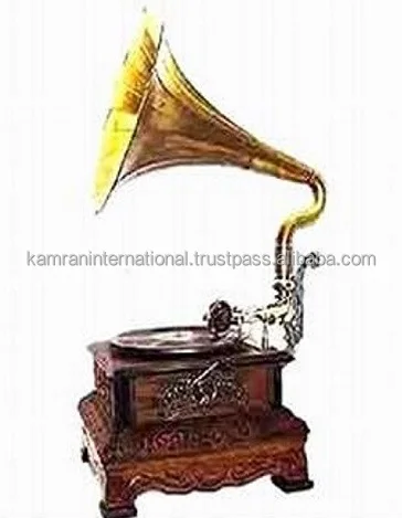 Wooden antique style brass inlay gramophone with embossed brass horn