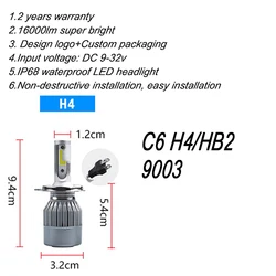 LINK-TO Free Custom Logo 48W Super Bright 16000 Lumen C6 Led Headlamp Light Bulb H4 H7 Led H7 H4 880 H1 H3 9005 9006 H11 H4