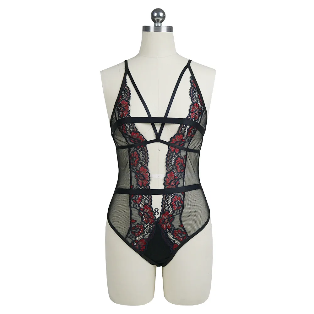 Deep-V Lace Belt Teddy Mesh Sheer Babydoll Embroidery Bodysuit Lingerie