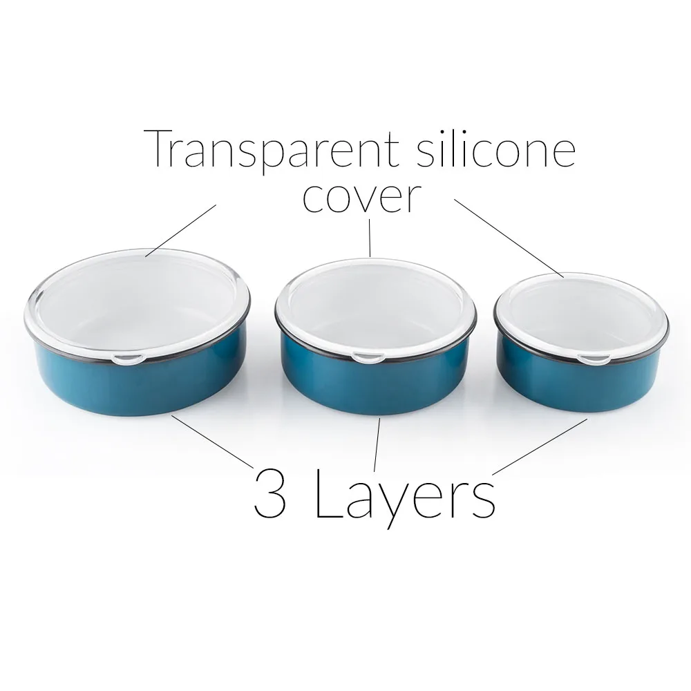 Bowl Triple Set Storage Enamel Salad Bowl Packaging Cup Three Pieces Bowl Stainless Steel Double Round Shape Kitchenware