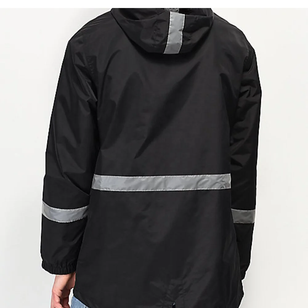custom windbreaker high visibility men street wear Black with white reflective tape zipper