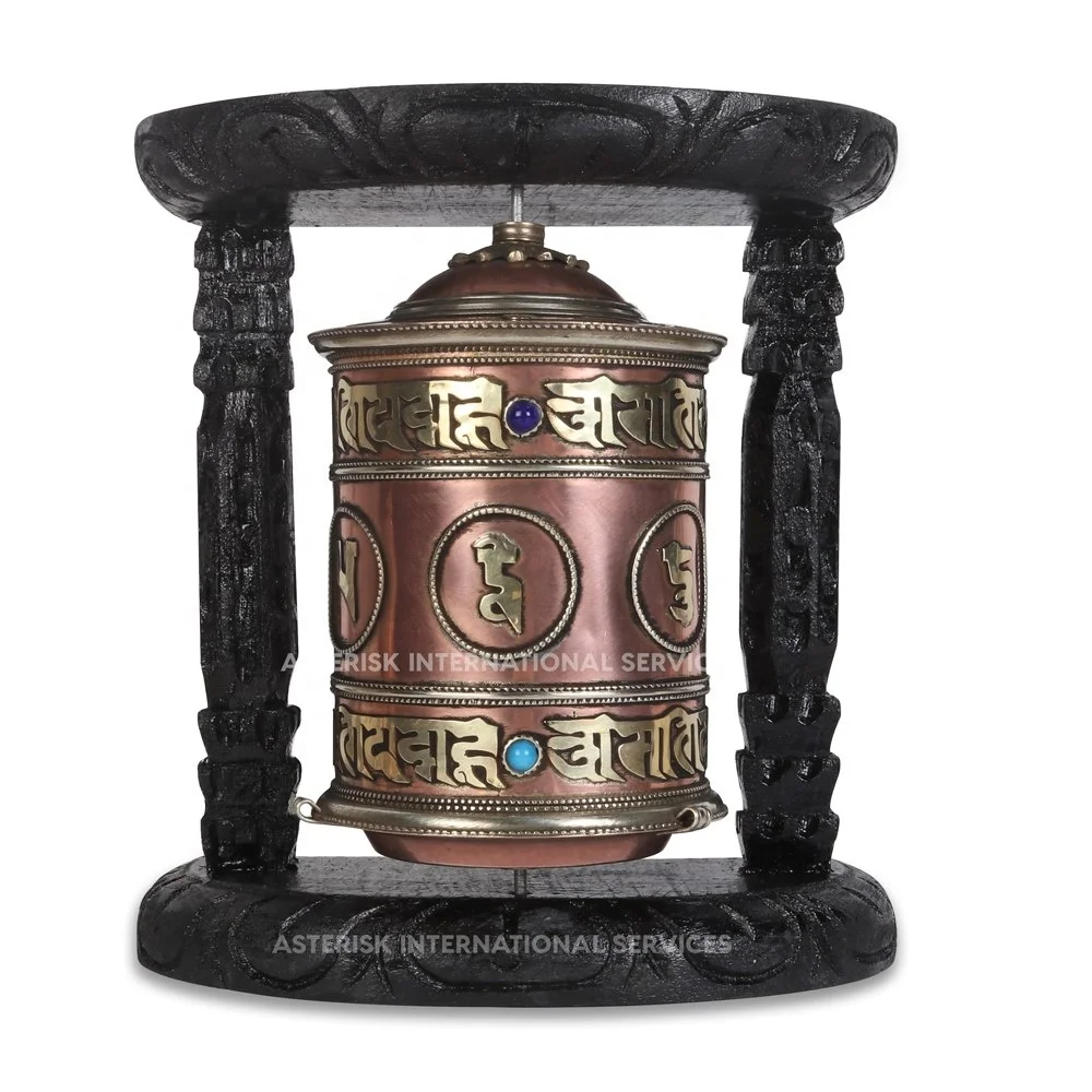 Syllable Script Buddhi Om Mani Padme Hum Mantra Prayer Wheel in Wooden Frame - Made in Nepal