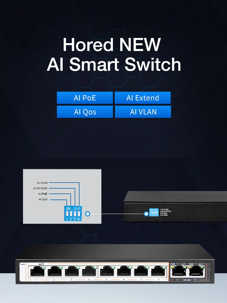 
2 Uplink Fast Ethernet PoE Switch 10 Port Support Vlan 250M Extend QoS AI PoE 