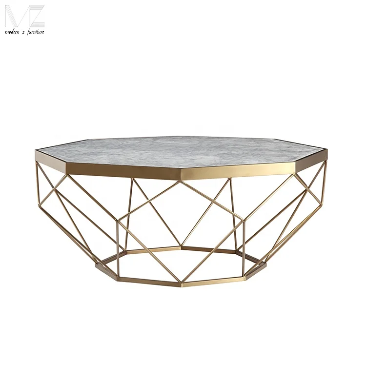 Modern Living Room Octagon Diamond Marble Top Gold Metal Frame Wired Center Coffee Table