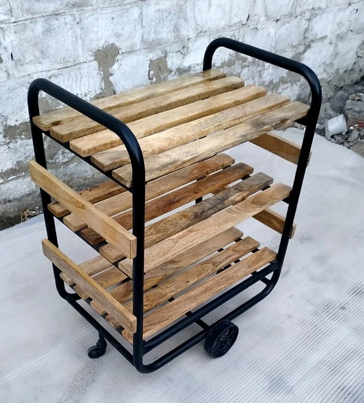 Modern Style Kitchen Trolley with Wheels Wooden and Iron Furniture Industrial Design