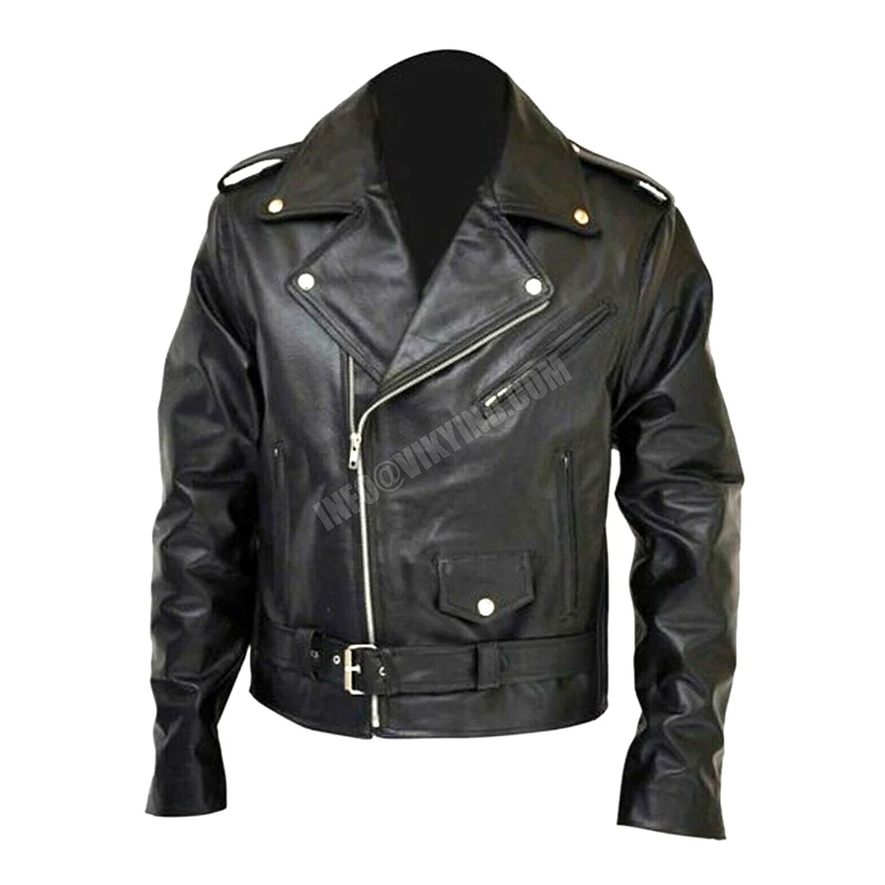 TERMINATOR BIKER Motorcycle Racer Retro Genuine Leather Jacket For Men