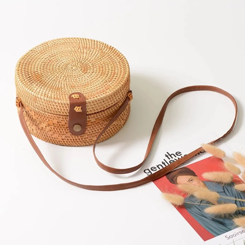 Summer Bali Bohemian Beach Circle Handbag Woven Handmade Round mini Rattan Straw Bag