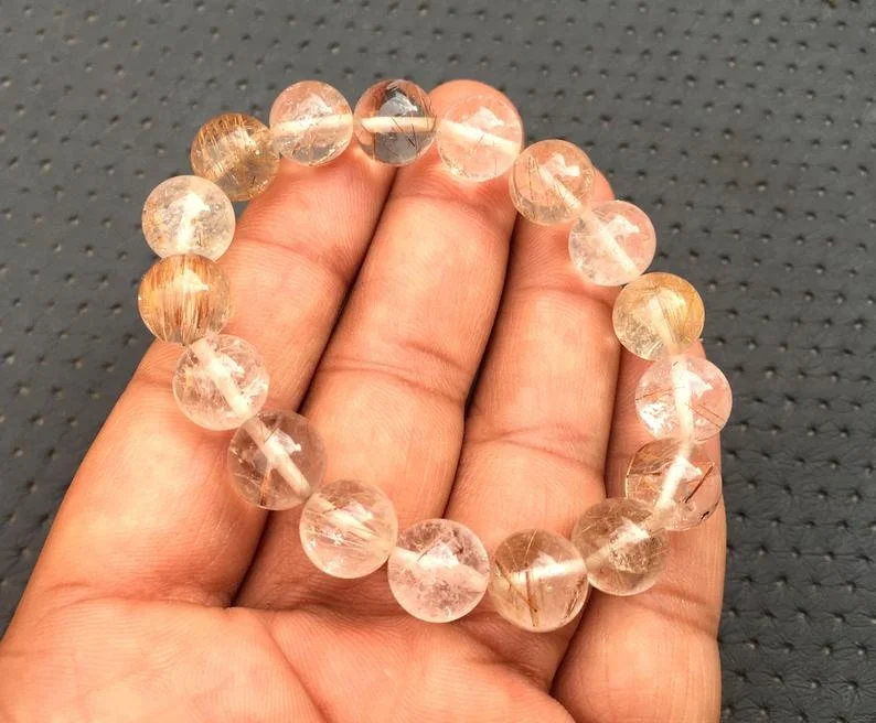 Beautiful Smooth Round Beads Stretch Bracelet Natural Copper Rutile Gemstone Handmade Jewelry Women Cute Gift