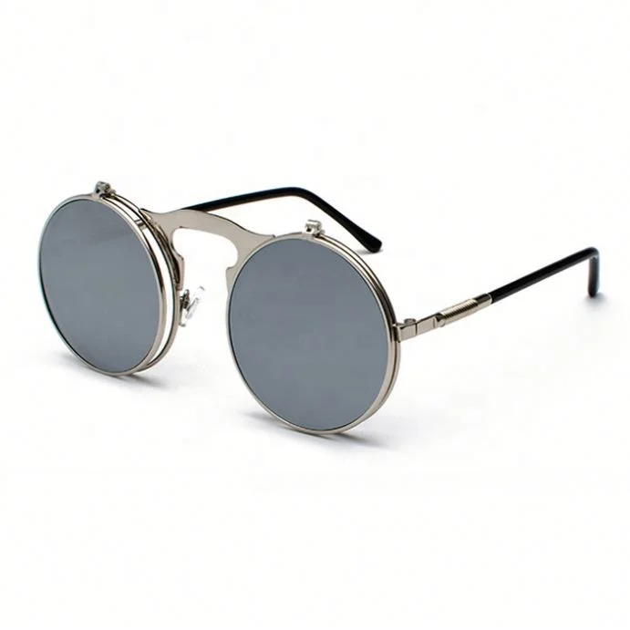 New style custom logo circle rockpunk steampunk double retro metal frame flip lens steam punk round sunglasses