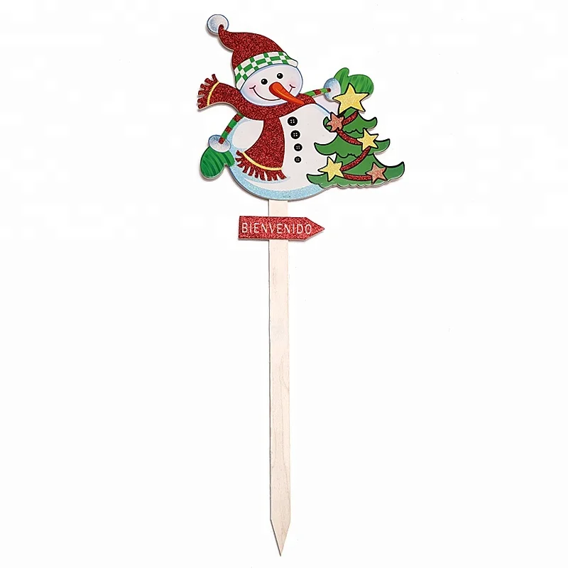 Wooden Board Christmas Tree and Snowman Yard Stake Garden Decor Wooden Outdoor Christmas Decorations