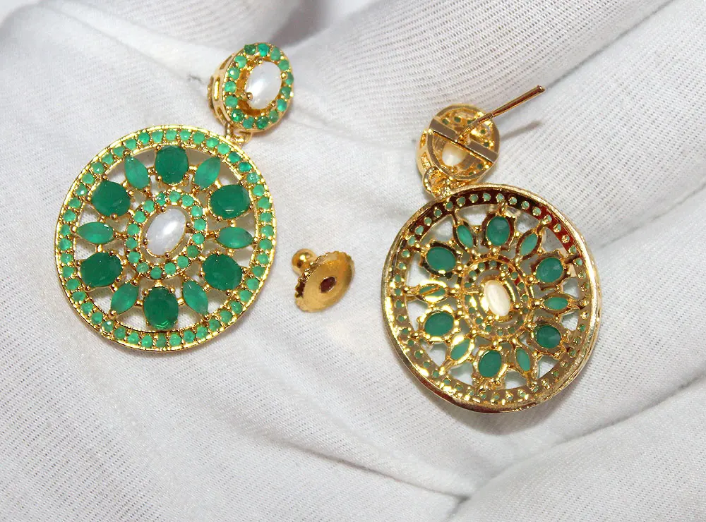 Beautiful Natural Emerald And Pearl Gold Plated Earrings, Pendants & Necklace Set Jewelry Wholesale Price