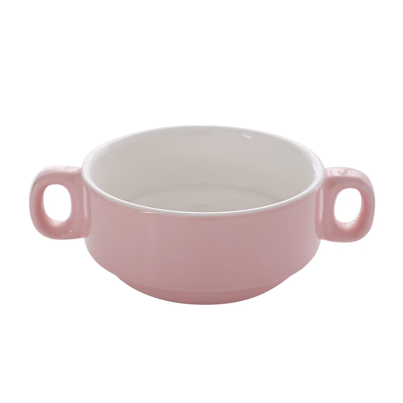 Wholesale round restaurant used cereal soup ceramic bowl with two handle