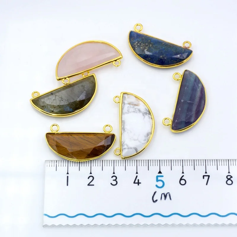 Gold bezel Pendants half round Labradorite Pendant Charms howlite fluorite rose Quartz Druzy Beads with Double Bails