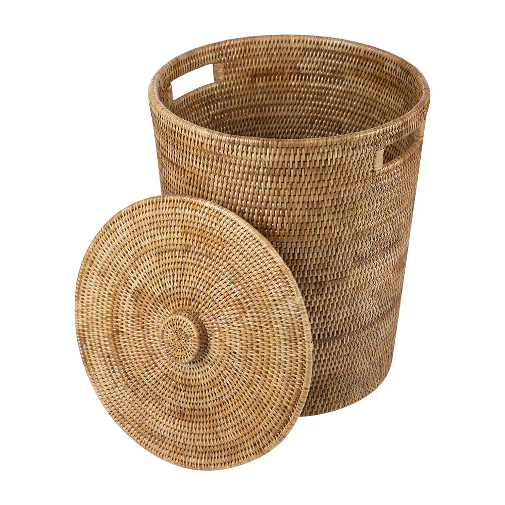 Handmade Rattan Woven Baskets Home Storage Organization Fabric Metal Cloth Lid Wicker Decorative Laundry Hamper Bathroom Use