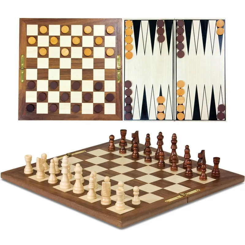 
Wooden Folding 3 in 1 Game Contemporary Chess Set Board Game Checkers Backgammon New 