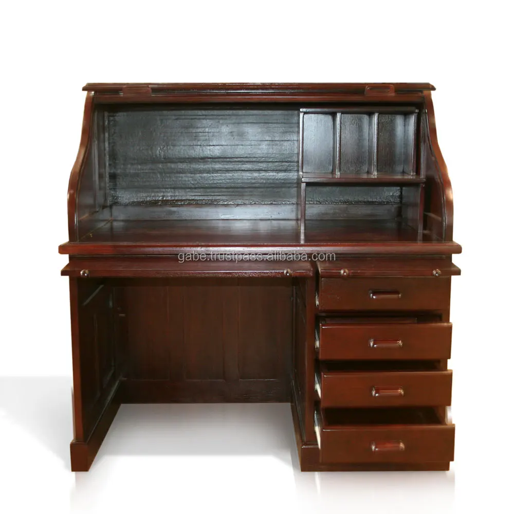 Roll top Computer desk Solid teak Wood Hand Made