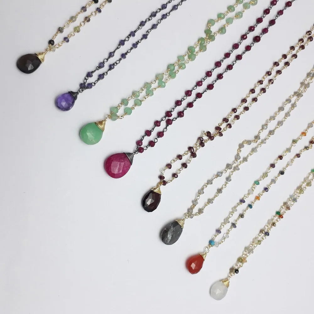 925 Sterling Silver Rosary Chain Blue Chalcedony Gemstone Wire Wrapped Beaded Chain