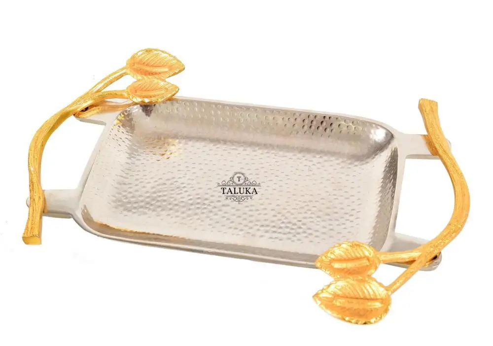 Indian Manufacturer Handicraft 4 Piece Set with Brass Hammered Trey Stainless Steel Ice Cream Bowl