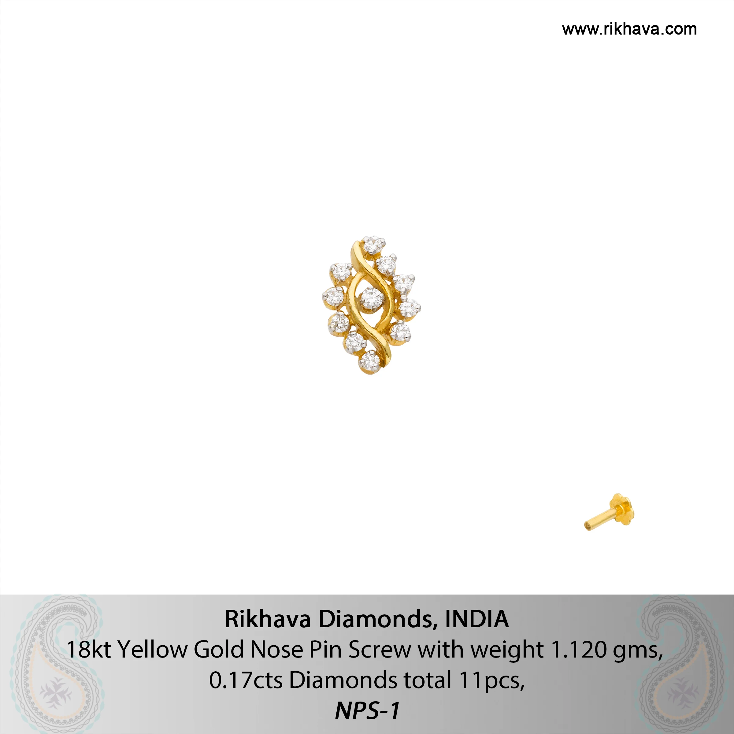 18kt Yellow Gold Diamond Nose Pin Screw
