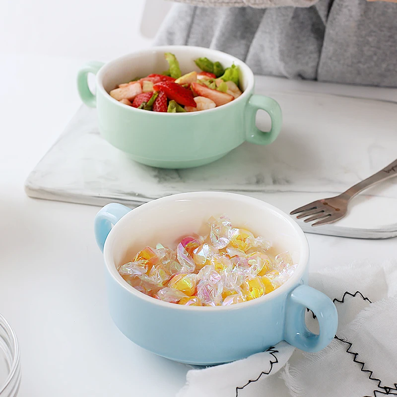 Wholesale round restaurant used cereal soup ceramic bowl with two handle