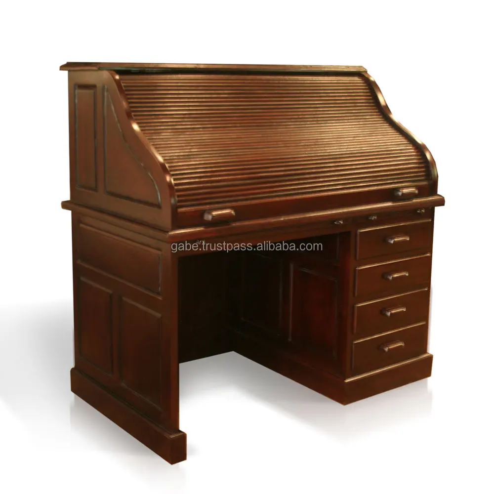 Roll top Computer desk Solid teak Wood Hand Made