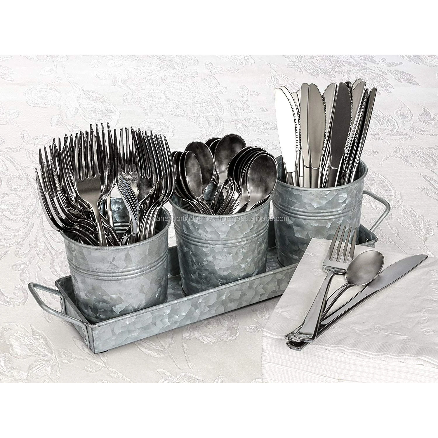 Galvanized 3 Planter Pots and Tray with Metal Handles For Windowsill Planter Herbs Living Room Decor Plants Pot