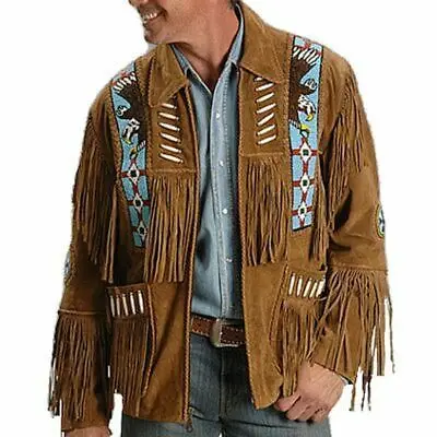 New Men Brown Suede Western Cowboy Style Leather Jacket With Bones and Breads Custom Logo