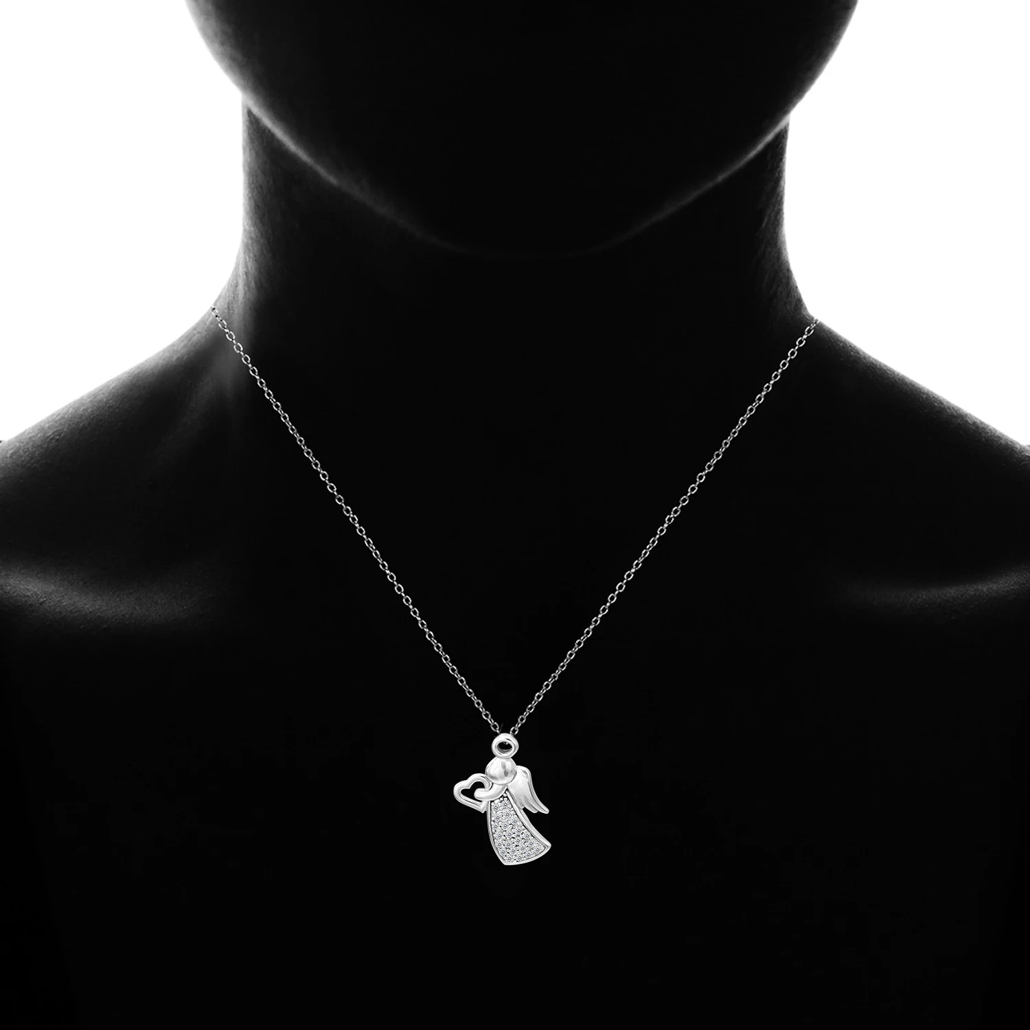 Sterling Silver Pendant Angel Jewelry Charms CZ Necklace For Women, 18'