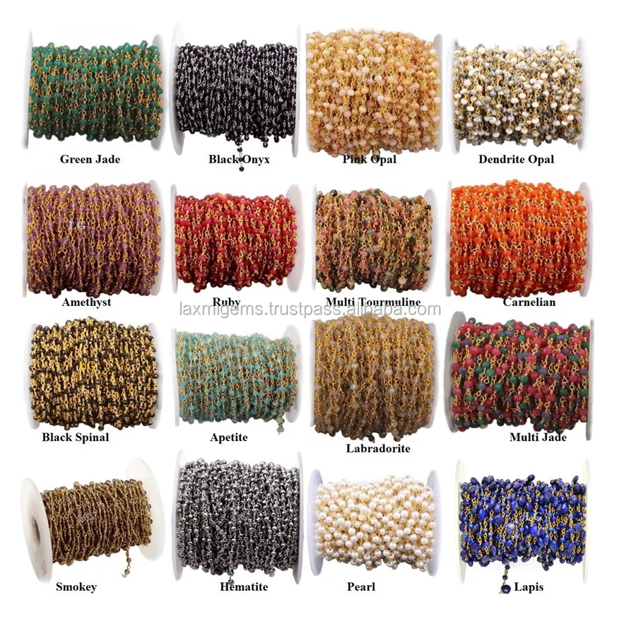 925 Sterling Silver Rosary Chain Blue Chalcedony Gemstone Wire Wrapped Beaded Chain