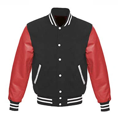 High Quality Wool and Leather Varsity Jacket Black and Red with Black and White Ribbing