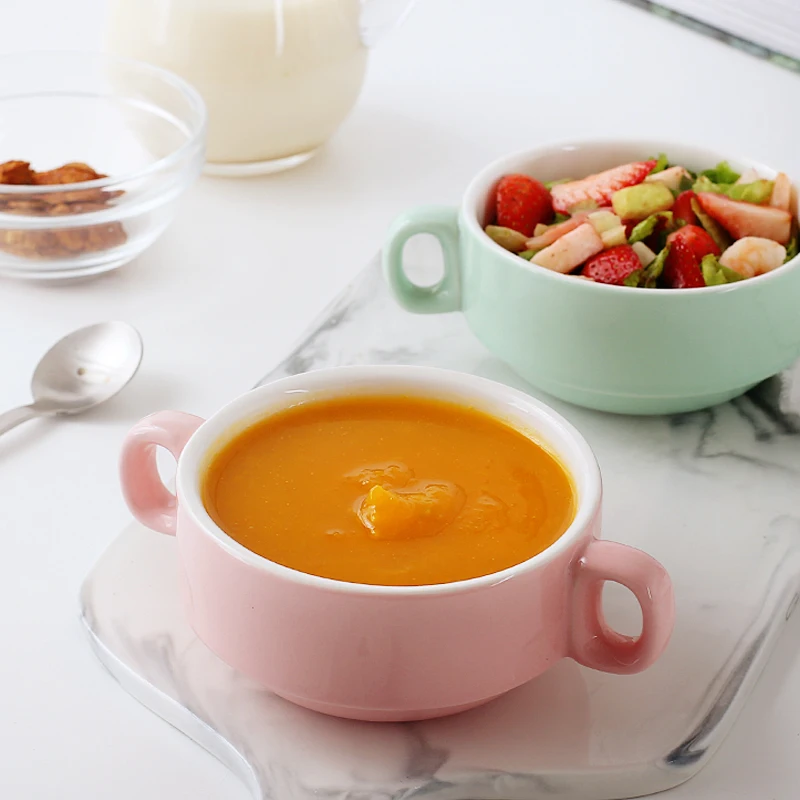 Wholesale round restaurant used cereal soup ceramic bowl with two handle
