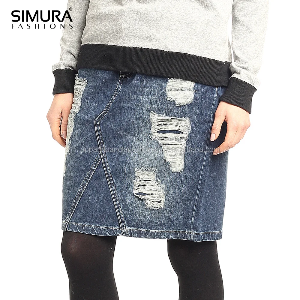 
Cotton Knitted Fabric High Waist Distressed Wash Ripped Mini Skirts 