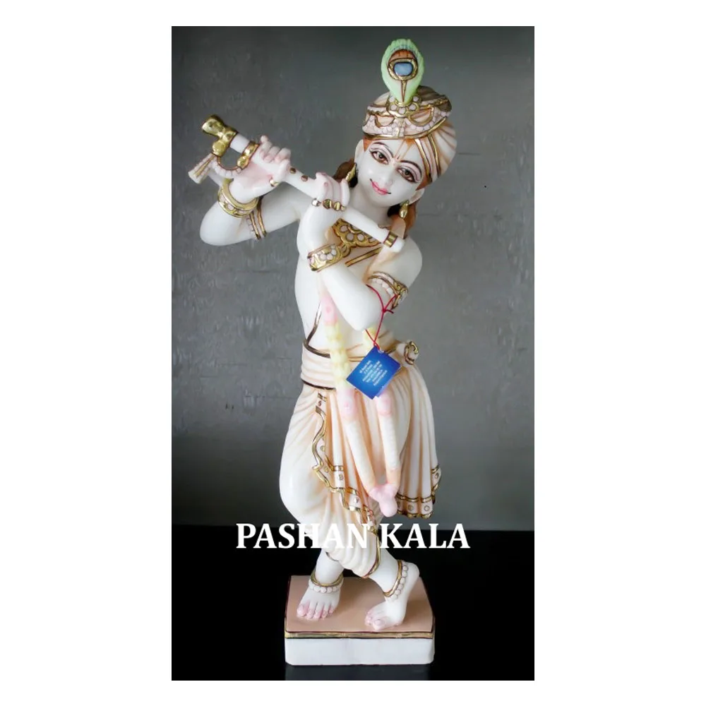 Handmade Natural White Makrana Marble Hand Polished Lord Krishna Standing Sculpture In Budget Price